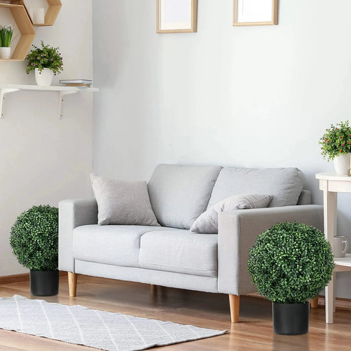 HOMCOM Set of 2 20.5' Artificial Ball Boxwood Topiary Trees with Pot, Indoor Outdoor Fake Plants for Home Office & Living Room Decor Default -DTYStore