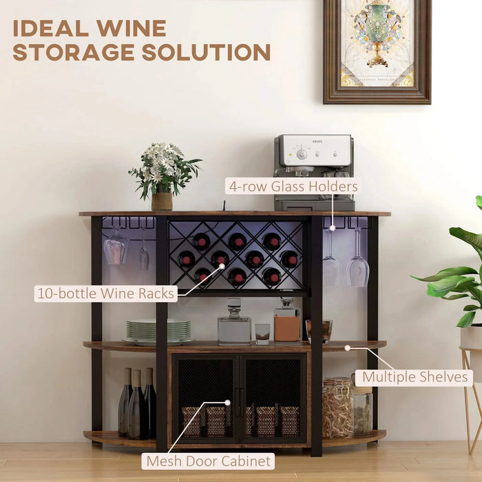 HOMCOM Wine Bar Cabinet with Charging Station and LED Lights, Industrial Liquor Cabinet Bar Stand for Home with 10-bottle Wine Rack, Glass Holders, Mesh Doors, and Open Shelves, Rustic Brown Default -DTYStore