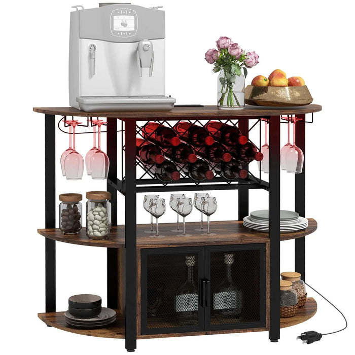 HOMCOM Wine Bar Cabinet with Charging Station and LED Lights, Industrial Liquor Cabinet Bar Stand for Home with 10-bottle Wine Rack, Glass Holders, Mesh Doors, and Open Shelves, Rustic Brown Default -DTYStore