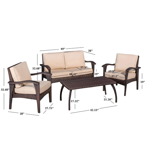 HONOLULU 4PC PE Wicker Set Outdoor Seating in Brown and Tan with Iron Frame and Waterproof Fabric Default -DTYStore