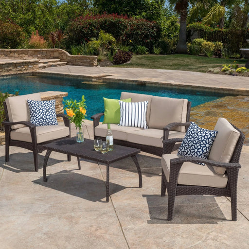 HONOLULU 4PC PE Wicker Set Outdoor Seating in Brown and Tan with Iron Frame and Waterproof Fabric Default -DTYStore