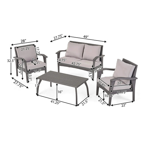 HONOLULU Modern 4PC PE Wicker Seating Set with Cushions Grey Durable Rattan Default -DTYStore