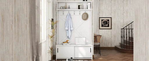 Hall Tree with Top Shelf and Storage Bench, Hallway Shoe Cabinet with Sliding Doors, Coat Rack with 5 Hanging Hooks for Entryways Hallways,White Default -DTYStore