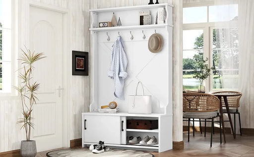 Hall Tree with Top Shelf and Storage Bench, Hallway Shoe Cabinet with Sliding Doors, Coat Rack with 5 Hanging Hooks for Entryways Hallways,White Default -DTYStore