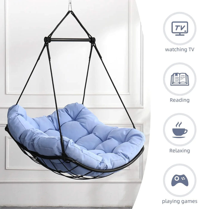 Hammock Chair Swing with Cushion - Outdoor Indoor Hanging Hammock Chair for Patio, Porch, Bedroom, Garden, Courtyard, Balcony - Sturdy Steel Bar with Anti-Slip Safety Rings, BLUE Default -DTYStore