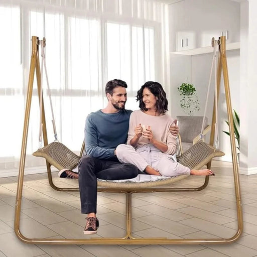 Hammock Swing Chair with Stand for Indoor,Outdoor, Anti-Rust Wood-Colored Frame 570 lbs Capacity with Cushion Oversized Double Hammock Chair for Patio Balcony Bedroom Ban on Amazon(OLD W1132P155978) Default -DTYStore