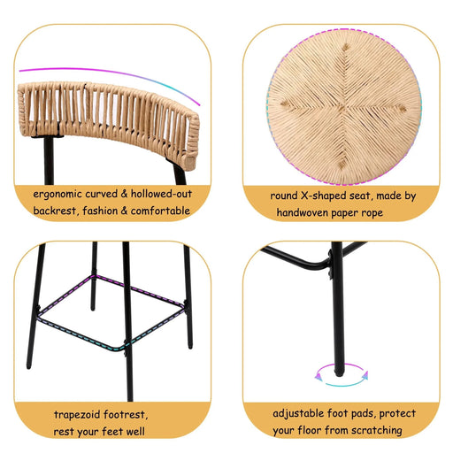 Hand Woven Bar Stools with Back Set of 2 Paper Rope Round Barstools with Footrest for Kitchen Island & Dining Rooms, Black & Honey Default -DTYStore