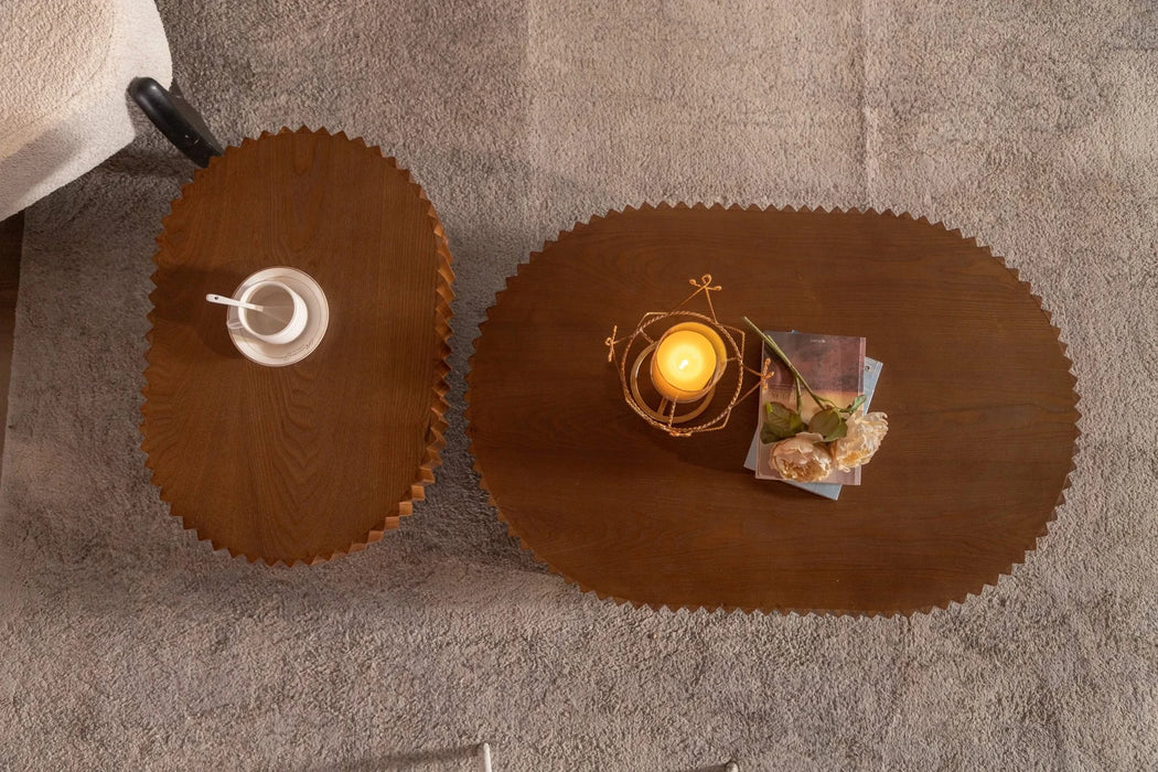 Handcraft Round Nesting Coffee Table Set of 2, - Chic Wave Stripe Edge, Modern Stylish Wooden Circle Fluted Center Table for Living Room Default -DTYStore