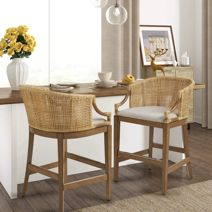 Handcrafted Rattan Counter Stool with Cushioned Seat in Natural Finish, 25' Height Default -DTYStore