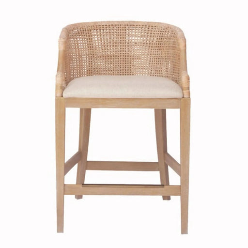 Handcrafted Rattan Counter Stool with Linen Upholstery, Natural Whitewash, Solid Wood, 25' Seat Height Default -DTYStore