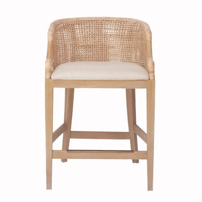 Handcrafted Rattan Counter Stool with Linen Upholstery, Natural Whitewash, Solid Wood, 25' Seat Height Default -DTYStore