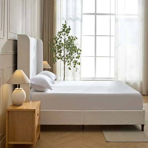 Harper Upholstered Bed with Tall Headboard, Elegant Simplicity, Cream White Chenille, Queen Size Default -DTYStore