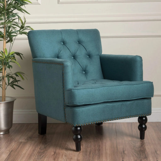 Harrison Tufted Club Chair with Plush Cushion and Studded Trim in Dark Teal Linen, 28 x 31.75 x 35 inches Default -DTYStore