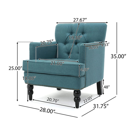 Harrison Tufted Club Chair with Plush Cushion and Studded Trim in Dark Teal Linen, 28 x 31.75 x 35 inches Default -DTYStore