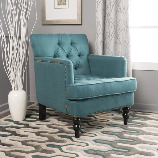 Harrison Tufted Club Chair with Plush Cushion and Studded Trim in Dark Teal Linen, 28 x 31.75 x 35 inches Default -DTYStore