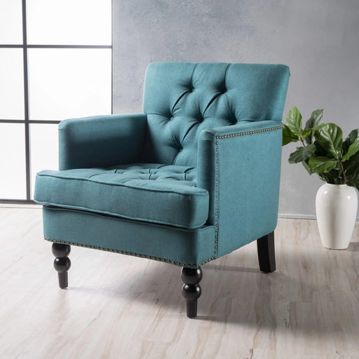 Harrison Tufted Club Chair with Plush Cushion and Studded Trim in Dark Teal Linen, 28 x 31.75 x 35 inches Default -DTYStore