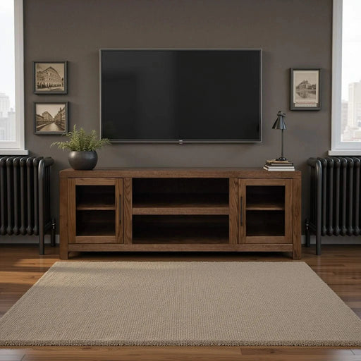 Haven 65 inch TV Stand with Glass Doors, for TVs up to 75 inches, No Assembly Required, Oak Bourbon Finish Default -DTYStore