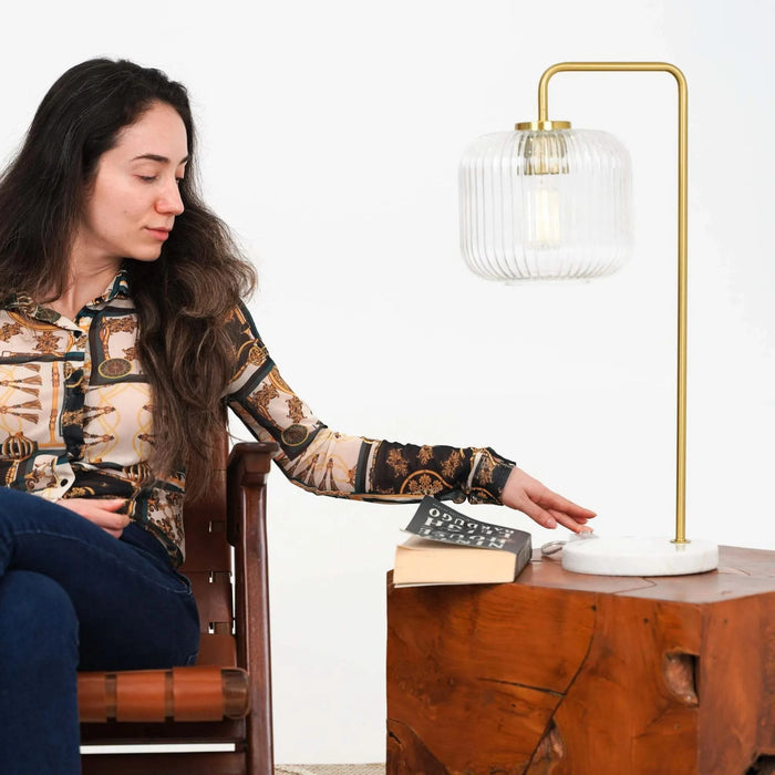 Haven Clear Glass Table Lamp with Gold Brush Metal and Marble Base, Button Control, 23-Inch Height Default -DTYStore