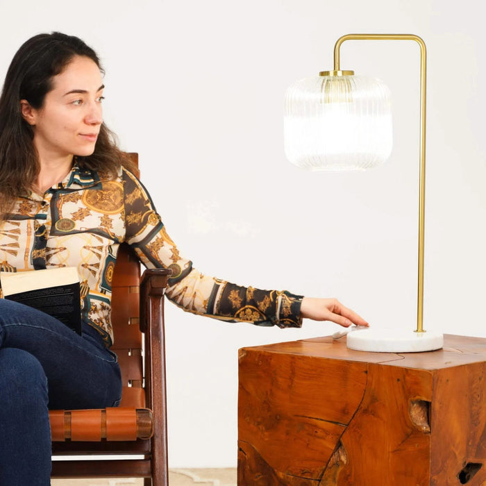 Haven Clear Glass Table Lamp with Gold Brush Metal and Marble Base, Button Control, 23-Inch Height Default -DTYStore