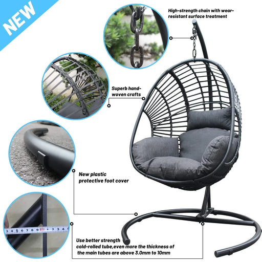 High Quality Outdoor Indoor Black color PE Wicker Swing Egg chair with Antracite Color Cushion And Black Color Base Default -DTYStore