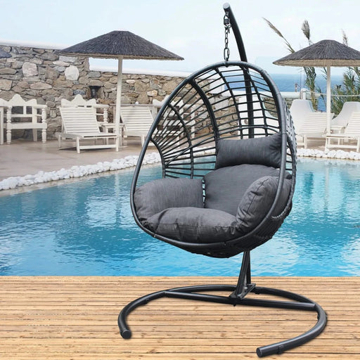 High Quality Outdoor Indoor Black color PE Wicker Swing Egg chair with Antracite Color Cushion And Black Color Base Default -DTYStore