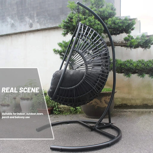 High Quality Outdoor Indoor Black color PE Wicker Swing Egg chair with Antracite Color Cushion And Black Color Base Default -DTYStore