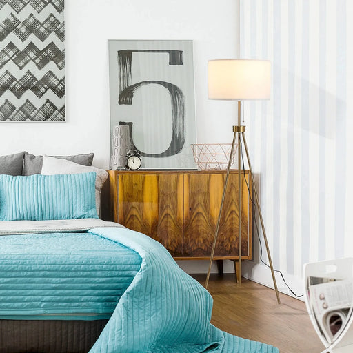 Homcom 59.75' Standing Floor Lamp Fabric Lampshade Steel Tripod, Gold Default -DTYStore