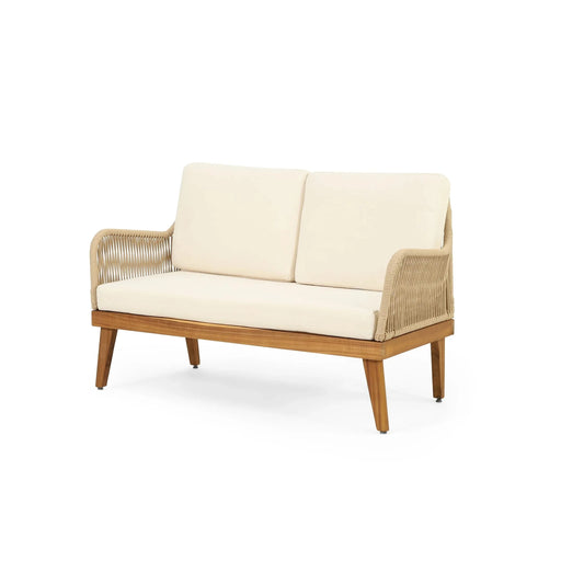 Hueber Outdoor Acacia Wood and Rope 4 Seater Chat Set with Cushions Default -DTYStore