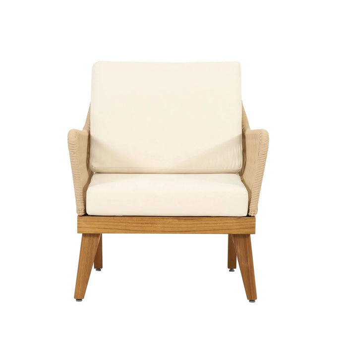 Hueber Outdoor Acacia Wood and Rope 4 Seater Chat Set with Cushions Default -DTYStore