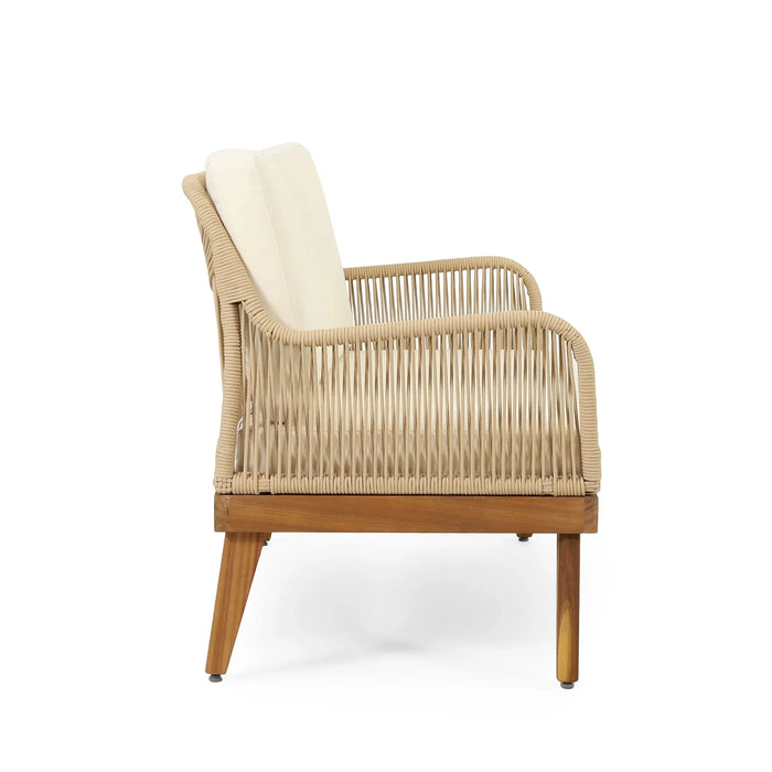 Hueber Outdoor Acacia Wood and Rope 4 Seater Chat Set with Cushions Default -DTYStore