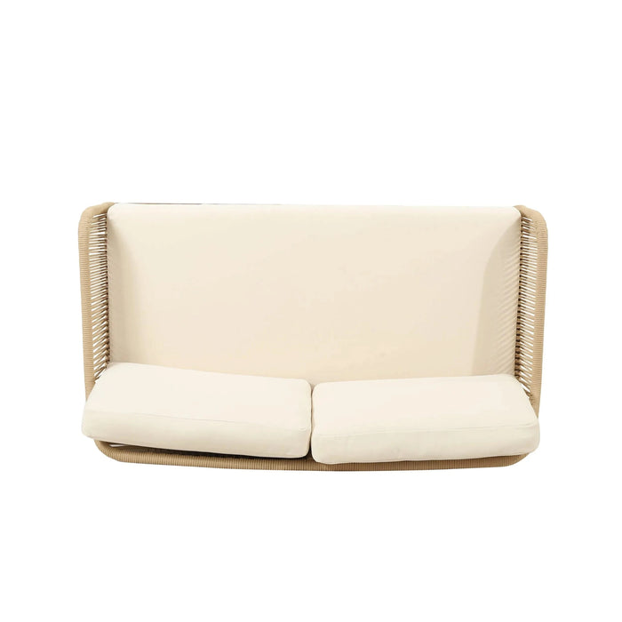 Hueber Outdoor Acacia Wood and Rope 4 Seater Chat Set with Cushions Default -DTYStore