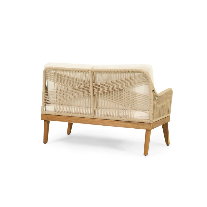 Hueber Outdoor Acacia Wood and Rope 4 Seater Chat Set with Cushions Default -DTYStore