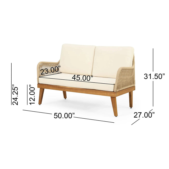 Hueber Outdoor Acacia Wood and Rope 4 Seater Chat Set with Cushions Default -DTYStore