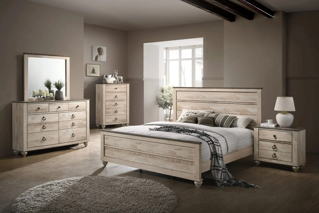 Imerland Contemporary White Wash Finish Bedroom Set, King Bed, Dresser, Mirror, Nightstand and Chest Default -DTYStore