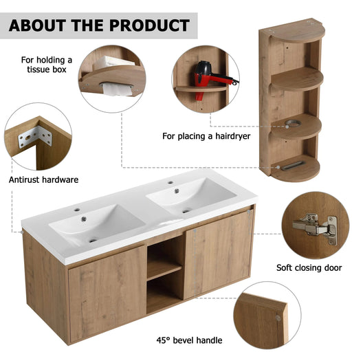 Imitative Oak 48' Wall-Mounted Bathroom Vanity with Double Resin Sink and Storage Rack, Soft Close Doors, Plywood Construction Default -DTYStore