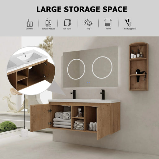 Imitative Oak 48' Wall-Mounted Bathroom Vanity with Double Resin Sink and Storage Rack, Soft Close Doors, Plywood Construction Default -DTYStore