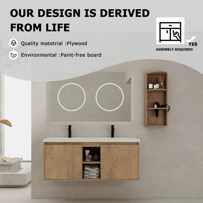 Imitative Oak 48' Wall-Mounted Bathroom Vanity with Double Resin Sink and Storage Rack, Soft Close Doors, Plywood Construction Default -DTYStore