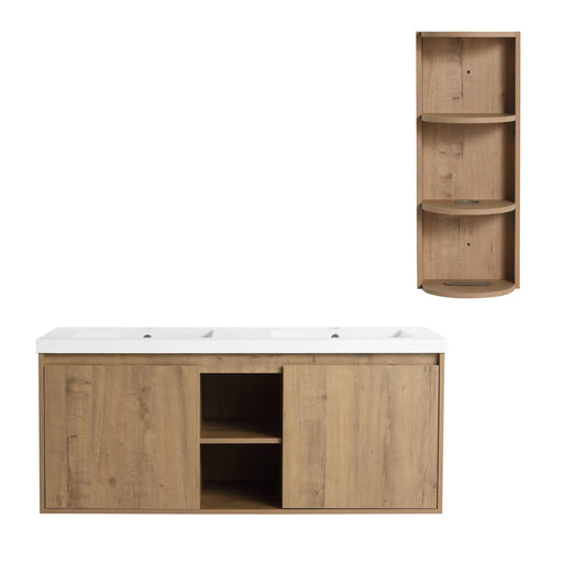 Imitative Oak 48' Wall-Mounted Bathroom Vanity with Double Resin Sink and Storage Rack, Soft Close Doors, Plywood Construction Default -DTYStore