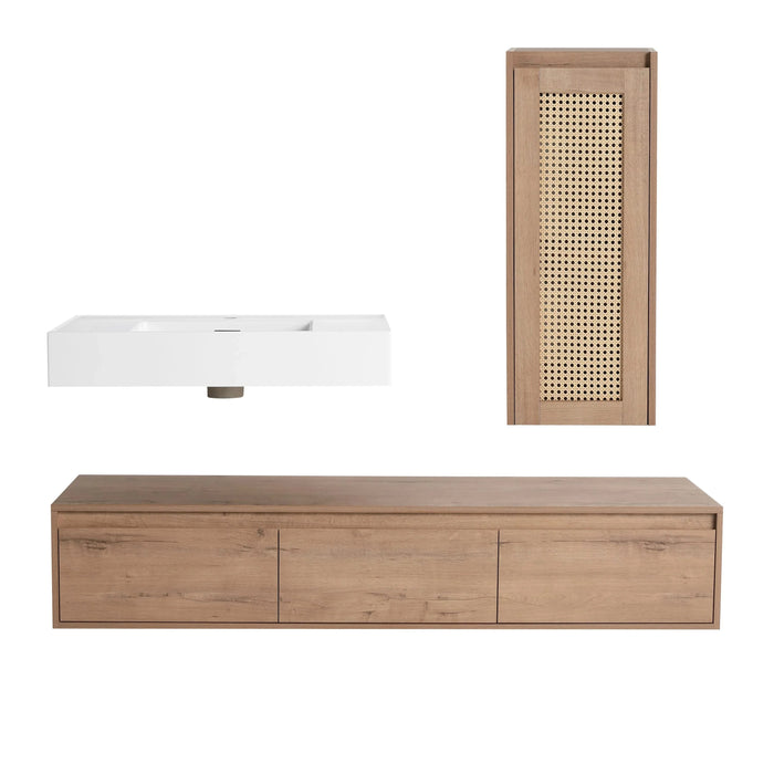 Imitative Oak 60 Inch Wall-Mounted Bathroom Vanity with Resin Sink and Side Cabinet, Soft Close Drawers Default -DTYStore
