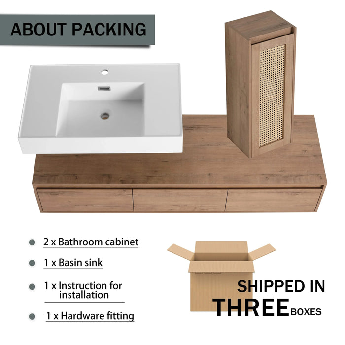 Imitative Oak 60 Inch Wall-Mounted Bathroom Vanity with Resin Sink and Side Cabinet, Soft Close Drawers Default -DTYStore