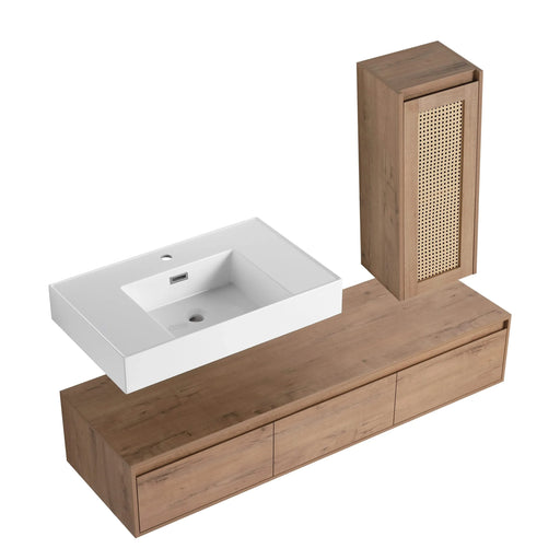 Imitative Oak 60 Inch Wall-Mounted Bathroom Vanity with Resin Sink and Side Cabinet, Soft Close Drawers Default -DTYStore