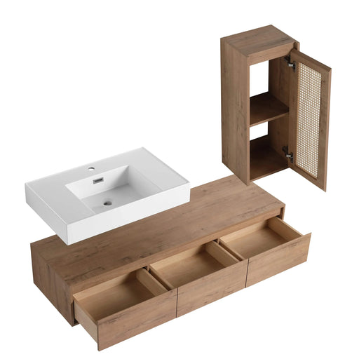 Imitative Oak 60 Inch Wall-Mounted Bathroom Vanity with Resin Sink and Side Cabinet, Soft Close Drawers Default -DTYStore