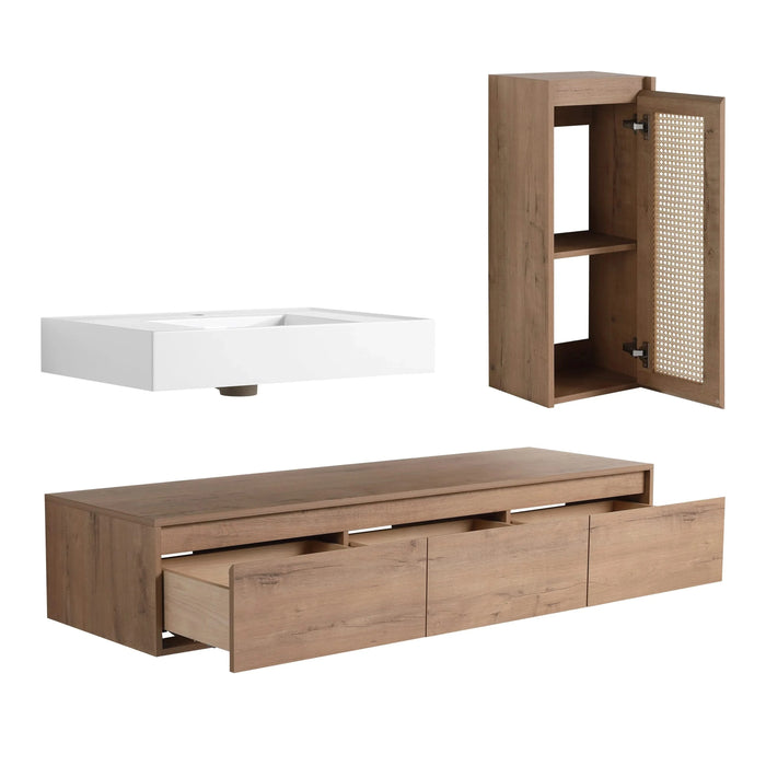 Imitative Oak 60 Inch Wall-Mounted Bathroom Vanity with Resin Sink and Side Cabinet, Soft Close Drawers Default -DTYStore