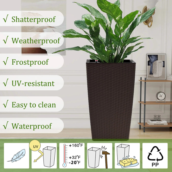 Indoor/Outdoor Modern Faux Rattan Design Square Planter, 22.6 inch Brown Plastic Large Planter with Automatic Watering System for Home and Garden (Brown, 22.6 inch - 2 Pack) Default -DTYStore