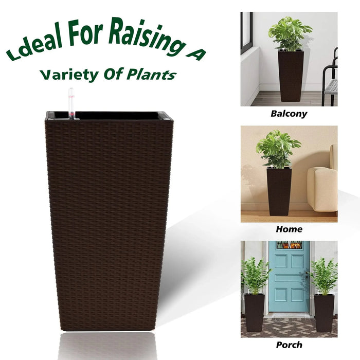 Indoor/Outdoor Modern Faux Rattan Design Square Planter, 22.6 inch Brown Plastic Large Planter with Automatic Watering System for Home and Garden (Brown, 22.6 inch - 2 Pack) Default -DTYStore