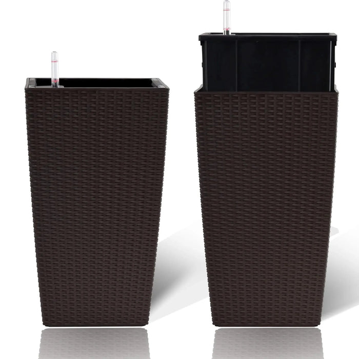 Indoor/Outdoor Modern Faux Rattan Design Square Planter, 22.6 inch Brown Plastic Large Planter with Automatic Watering System for Home and Garden (Brown, 22.6 inch - 2 Pack) Default -DTYStore