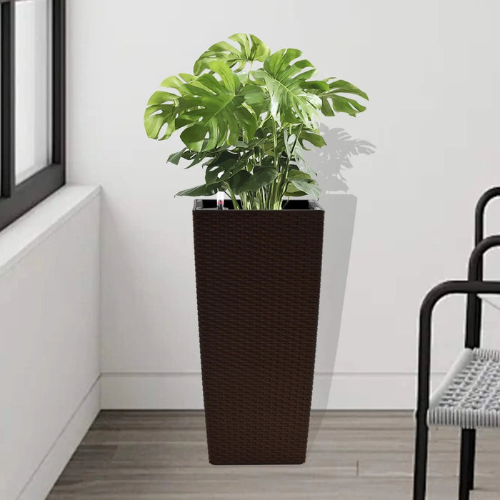 Indoor/Outdoor Modern Faux Rattan Design Square Planter, 22.6 inch Brown Plastic Large Planter with Automatic Watering System for Home and Garden (Brown, 22.6 inch - 2 Pack) Default -DTYStore