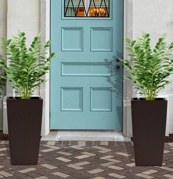 Indoor/Outdoor Modern Faux Rattan Design Square Planter, 22.6 inch Brown Plastic Large Planter with Automatic Watering System for Home and Garden (Brown, 22.6 inch - 2 Pack) Default -DTYStore