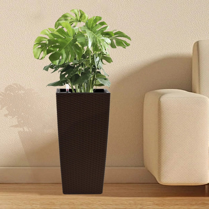 Indoor/Outdoor Modern Faux Rattan Design Square Planter, 22.6 inch Brown Plastic Large Planter with Automatic Watering System for Home and Garden (Brown, 22.6 inch - 2 Pack) Default -DTYStore