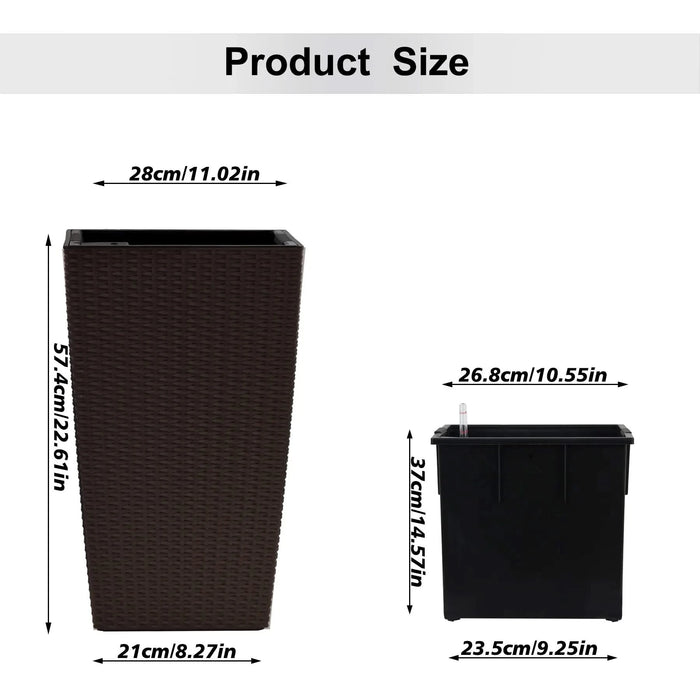 Indoor/Outdoor Modern Faux Rattan Design Square Planter, 22.6 inch Brown Plastic Large Planter with Automatic Watering System for Home and Garden (Brown, 22.6 inch - 2 Pack) Default -DTYStore
